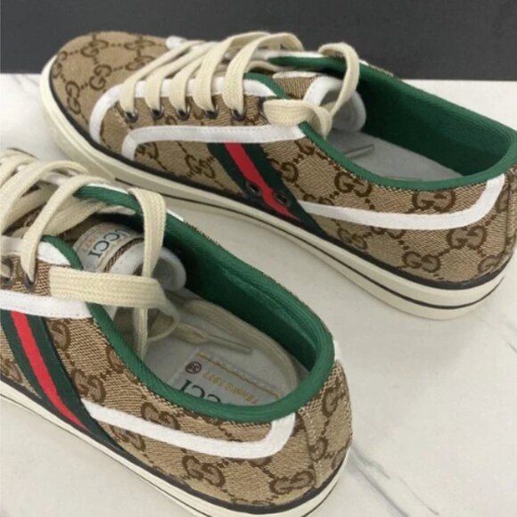 Gucci Beige Monogram Sneakers with Red and Green Stripes - Picture 1 of 4